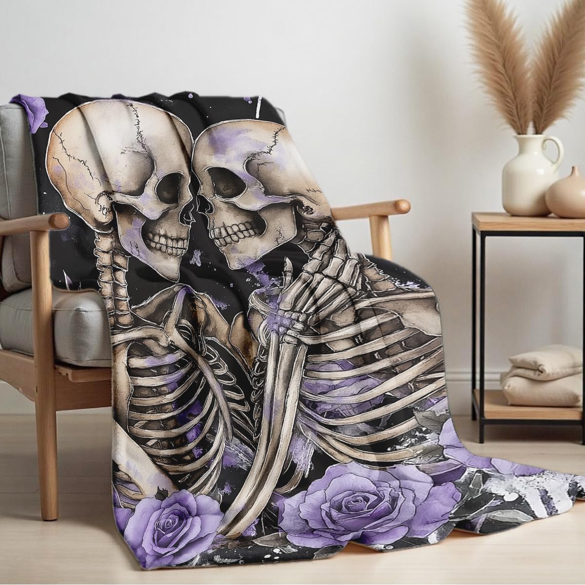 HUNXIAOJ Skeleton Couple Print Blanket Dark Romantic Flannel Throw Gothic Halloween Decor Skeleton Love Gifts for Adults Wedding Anniversary Blanket (49"x59")