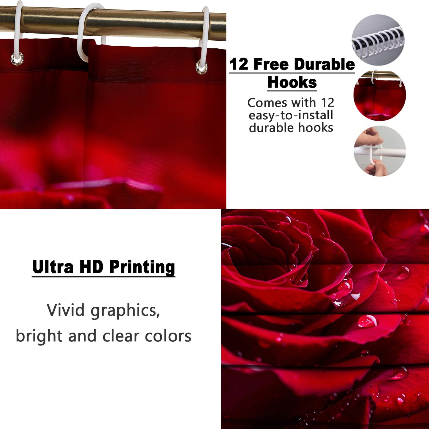 Poedist 4 Pcs Shower Curtain Set, Red Rose Bathroom Set,Romantic Shower Curtain Sets with Rugs(Bath Mat,U Shape and Toilet Lid Cover Mat) and 12 Hooks