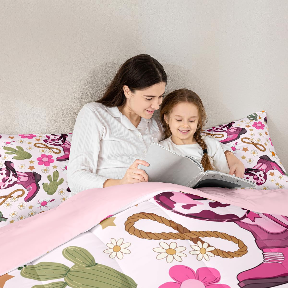 Feelyou Western Kids Comforter Set Full Size Cowgirl Floral Bedding Set Western Cowboy Boots Duvet Quilt for Kids Boys Girls Bedroom Wild West Cactus Flower Decor Light Pink Ultra Soft Breathable