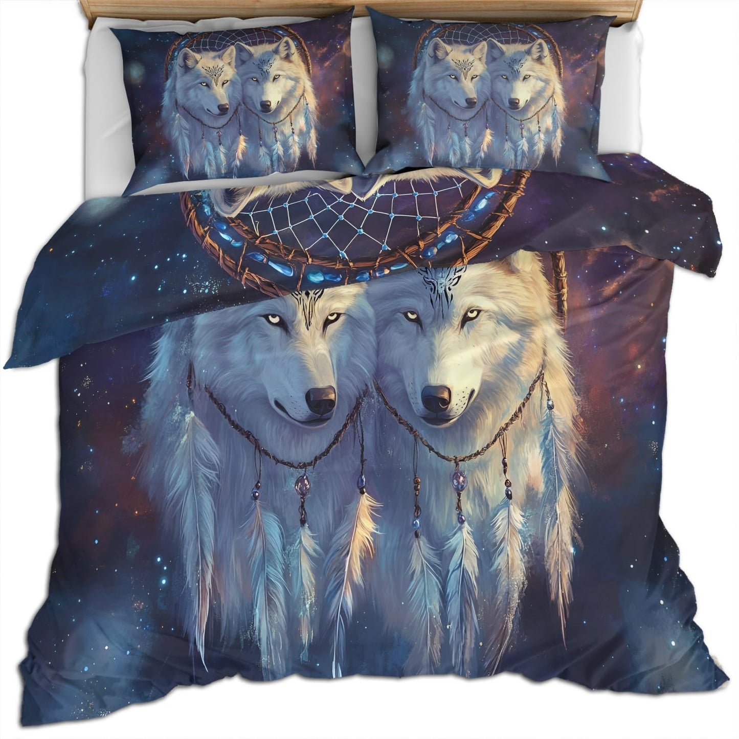 PAISUOQ Wolf Print Duvet Cover Queen Size, Galaxy Wolf Bedding Sets, 3 Piece, Soft Microfiber Patterned Comforter Cover with Zipper Ties & 2 Pillowcase, White Animals Bedroom Decor & Gifts