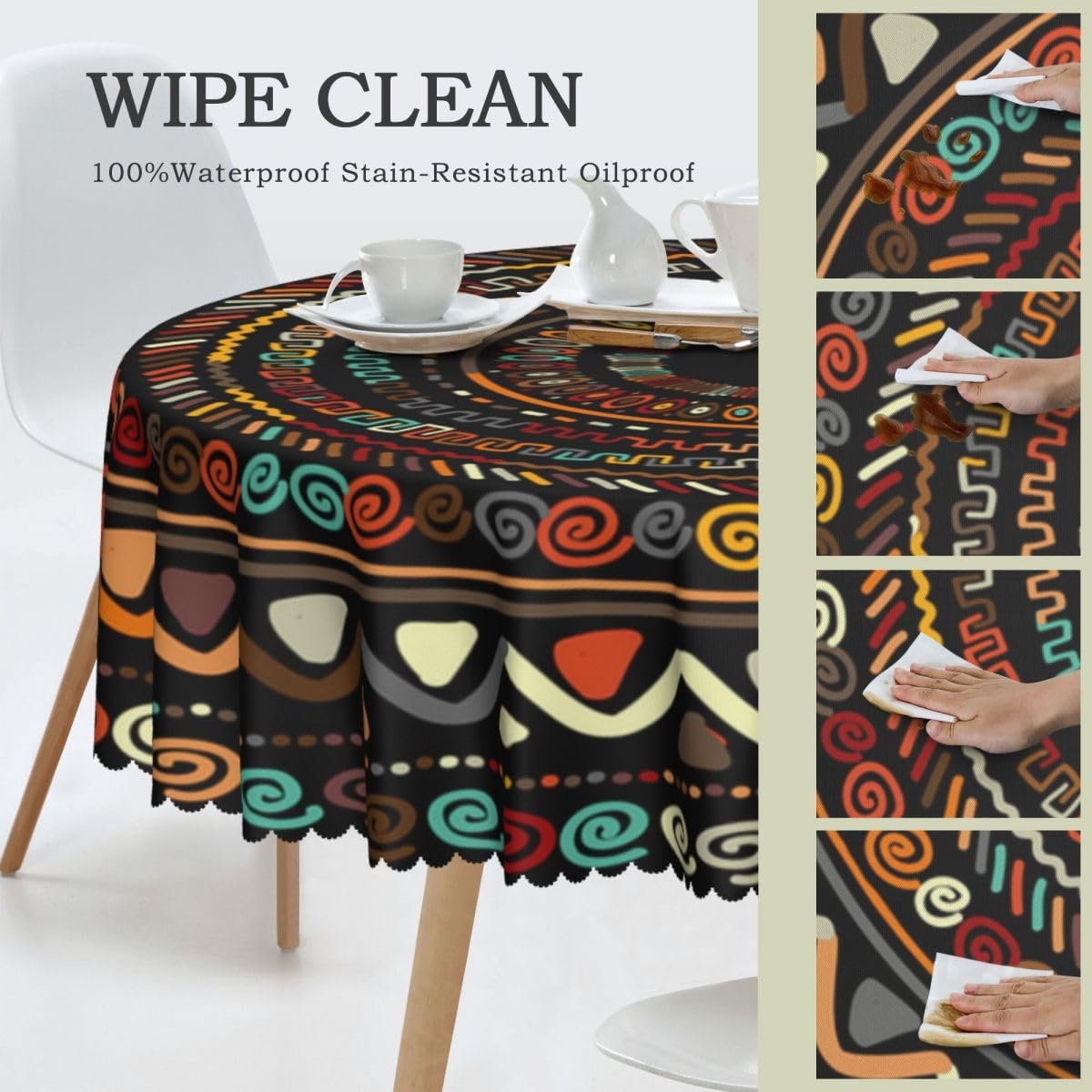 SHADIORA African Tribal Table Cloths, Retro African Abstract Geometric Line Kwanzaa Juneteenth Traditional Ethnic Coffee Table Cover Decor for Kitchen Dining Room Outdoor Home Party, 36" Round