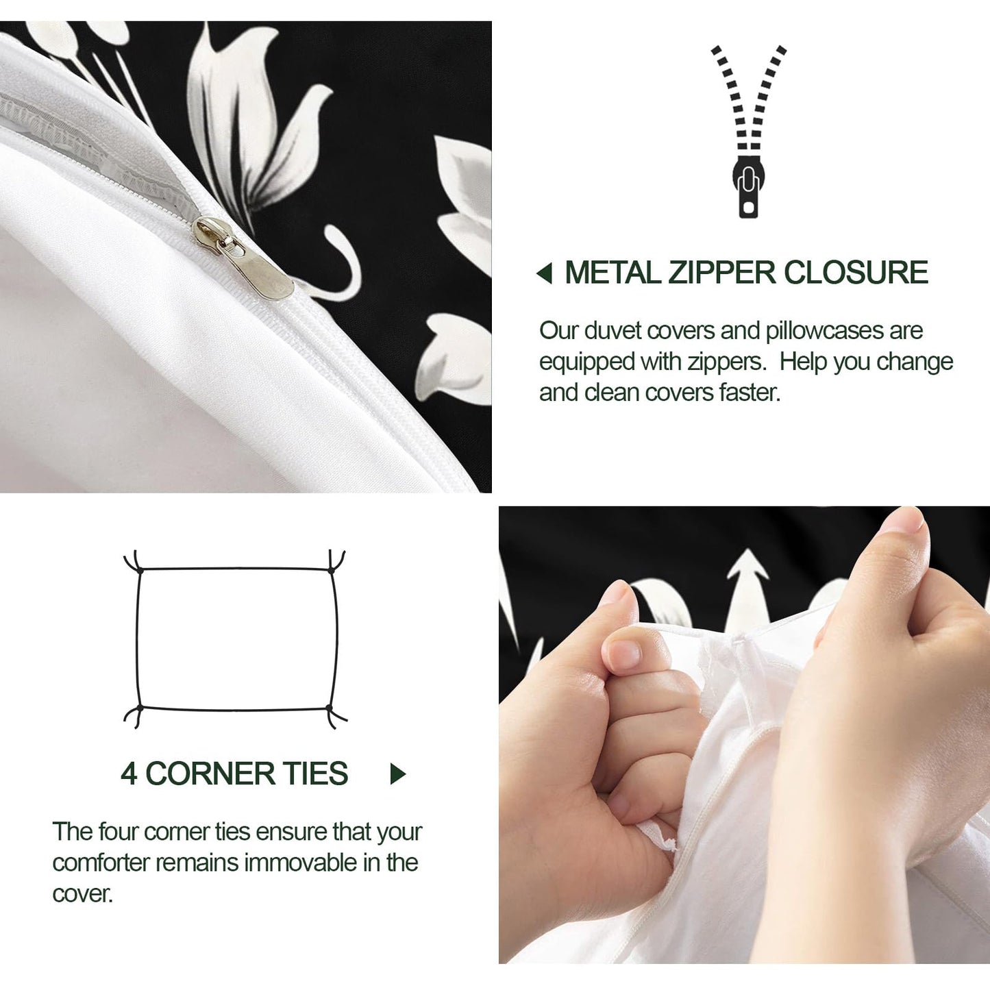 ZAMODE Vintage Floral Duvet Cover 104" x 98", Black White Baroque Style Bedding Set, White Flower Comforter Cover with Zipper Ties