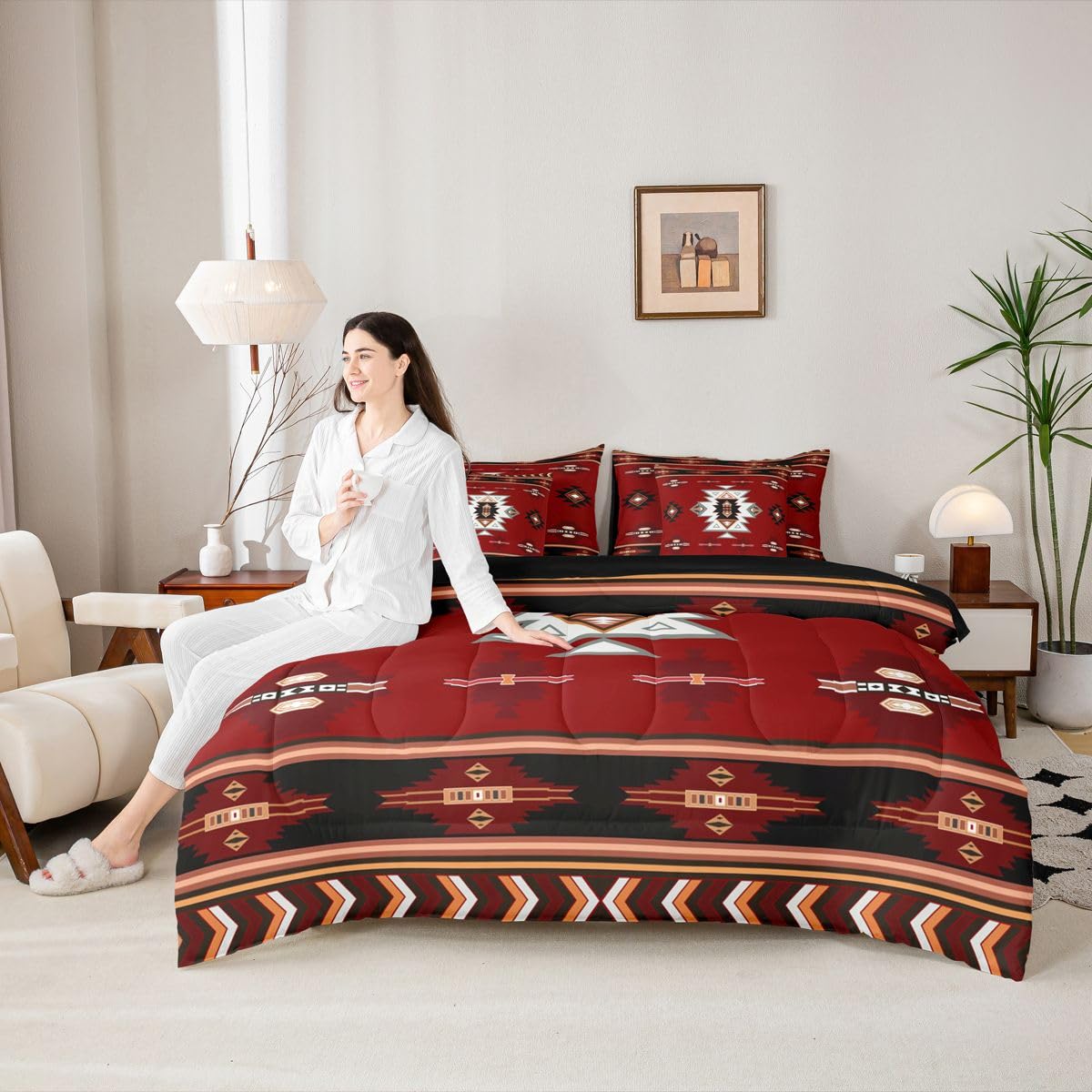 Erosebridal Western Comforter Set 7-Piece Bed in a Bag Twin | Southwest Native Geometric Bedding Sets Exotic Nordic Style Aztec Comforter and Sheet Set, Sriped Diamond Triangle Room Decor,Red