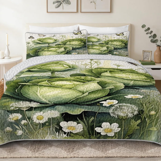ARIGHTEX Full/Queen Quilt Set Botanical Green Cabbage Floral Design, Cottagecore Rustic Bedspread Lightweight Microfiber Bedding, Soft Farmhouse Style for Bedroom Guest Room