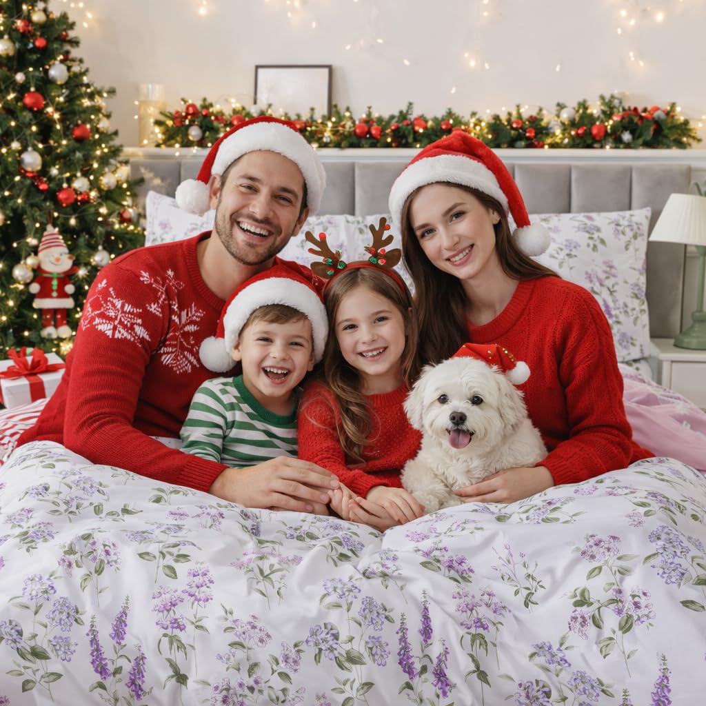 FADFAY Purple White Floral Duvet Cover Sets King/Cal King 100% Cotton Lilac Lavender Reversible Comforter Cover French Country Bedding All Season Soft Crisp Green Leaves Bed Cover with Zipper 3Pcs