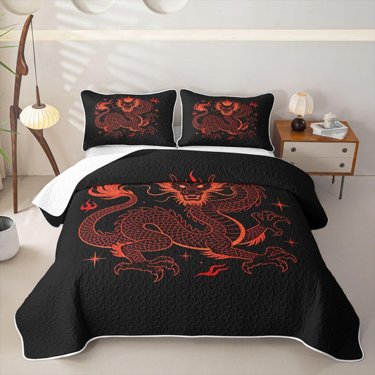 Erosebridal Japanese Style Dragon Bedspread Twin Size Red Black Quilt for Kids Adults Exotic Animal Coverlet Bedding Set Lightweight Vintage Wildlife Quilted Blanket for All Season 2 Pieces