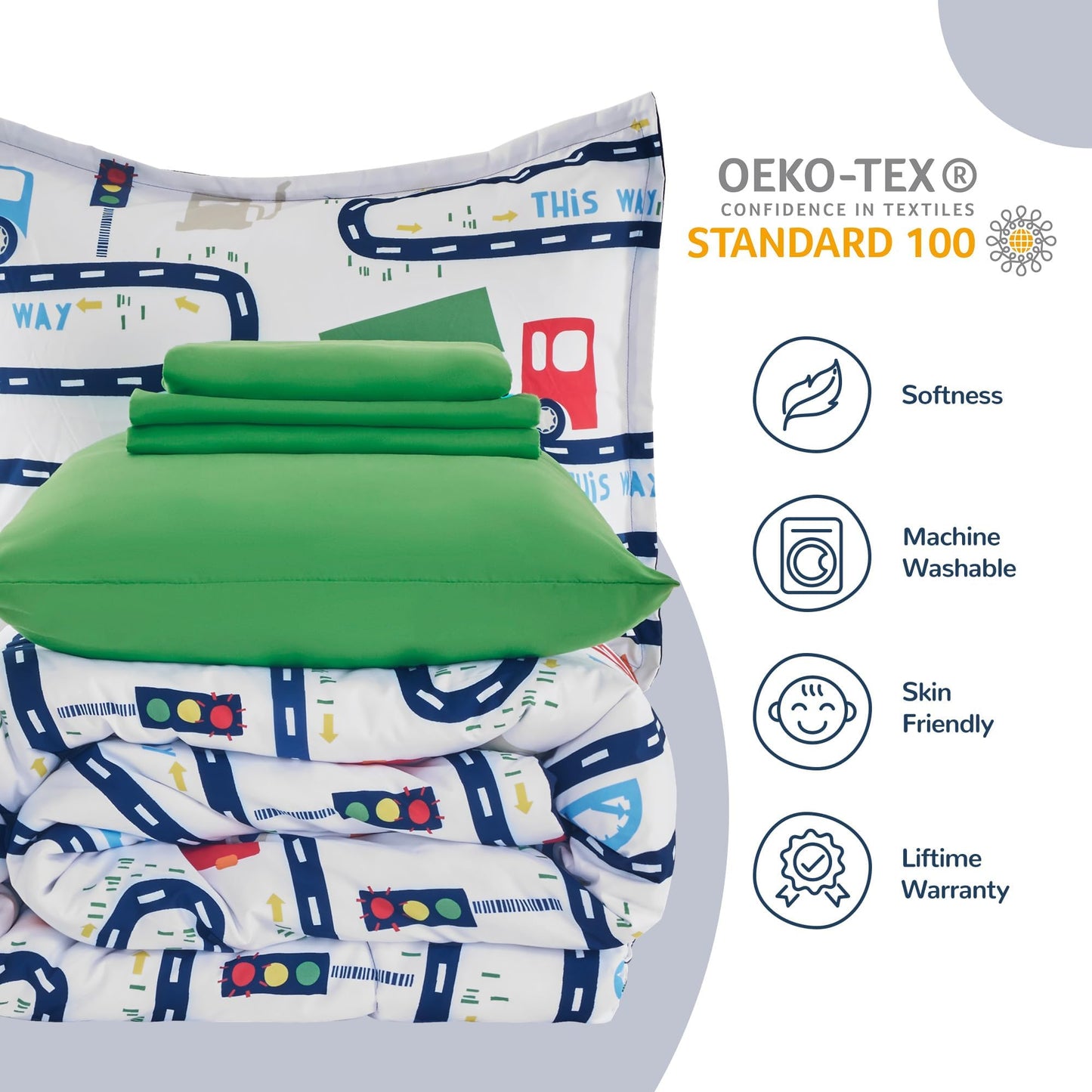 SLEEP ZONE Kids Bedding Comforter Set Twin Size Super Cute Soft Kids Bed in a Bag 5 Pieces with Comforter, Sheet, Pillowcase and Sham, Road Trip