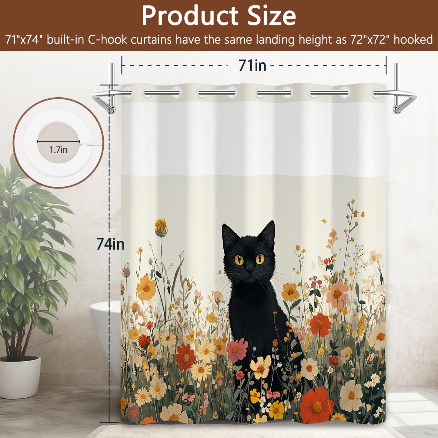 No Hook Shower Curtain with Snap in Liner, Funny Black Cat Floral Wildflower Spring Bathroom Curtains, Hotel Waterproof Fabric Shower Curtain with See Through Top Window, Weighted Hem, 71x74 Inch