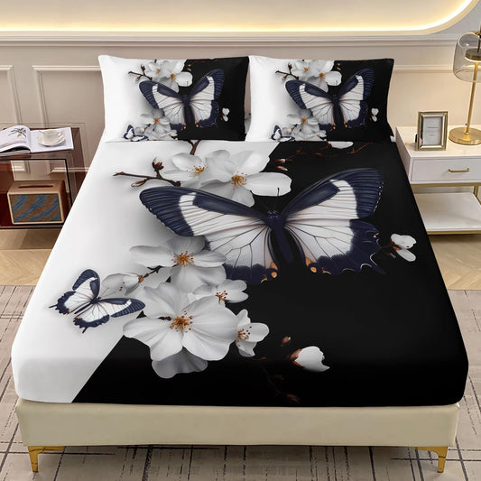 AILONEN 3D Butterfly Fitted Sheet Set Queen Size,Black and White Bed Sheet Set for Girls Women,Beautiful Flower Butterfly Printed Fitted Sheet with 2 Pillowcases,3Pcs