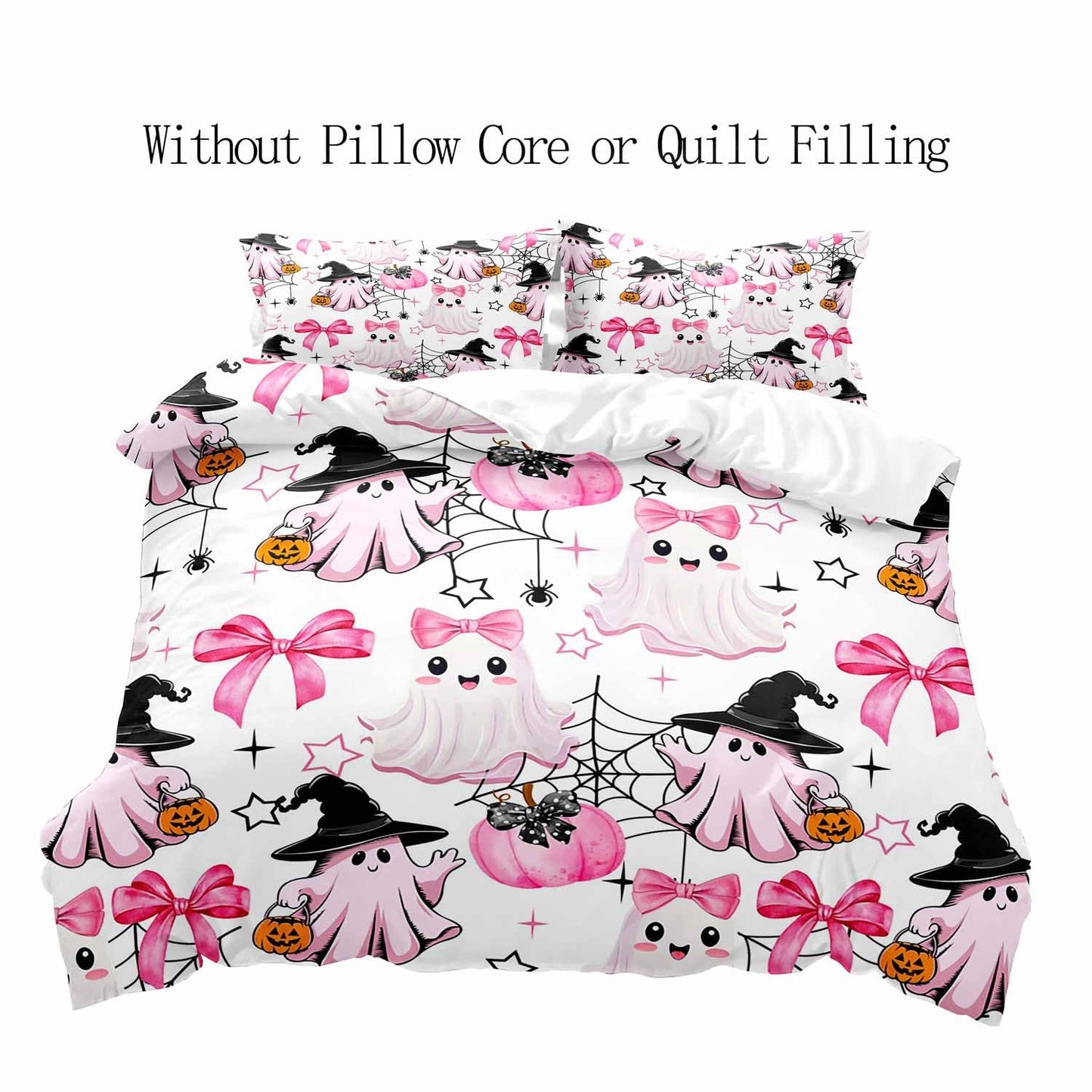 LUVIVIHOME 3PCS Kawaii Ghost Duvet Cover Queen Bedding Set, White Duvet Cover, Kids Teen Girl Bedding, Spooky Witchy Coquette Cute Pink Bow Pumpkin Spider Web Halloween Comforter Cover, 2 Pillow Cases