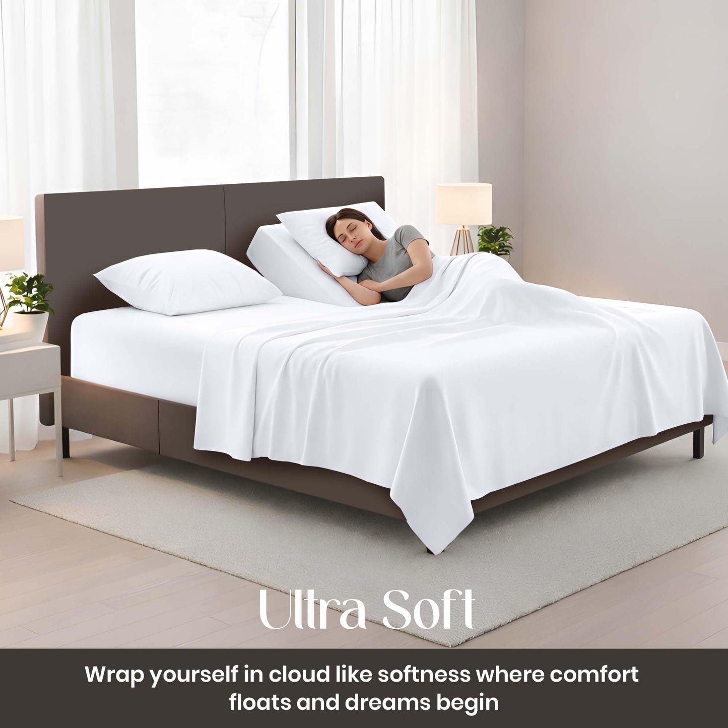 SGI bedding 32" King Split Top Flex Head Sheet Set 1800 Threads Flex Top Sheets for Adjustable Bed 4 Piece 15" Deep Pocket for Sleep Number Bed - White