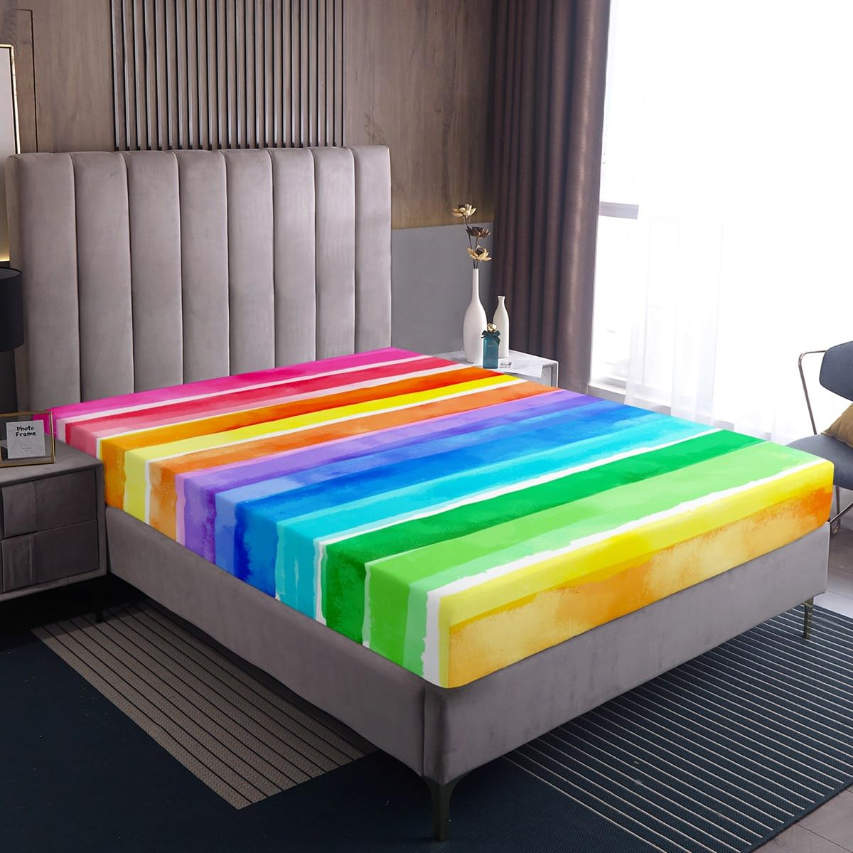 Feelyou Rainbow Bedding Fitted Sheet with Colorful Stripes - 1 Bed Sheet Set with 2 Pillowcases for Kids - Full Size