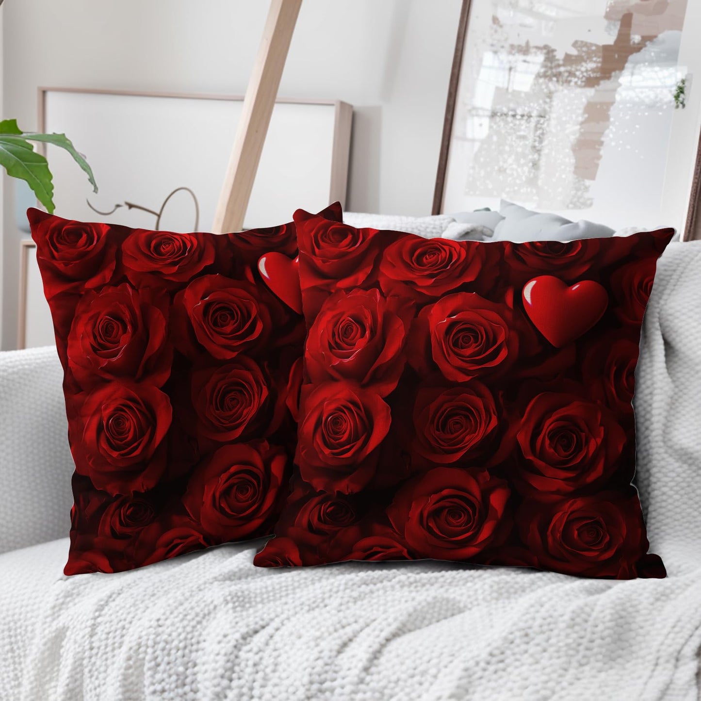Valentines Day Pillow Covers 18X18 Inch Red Heart Rose Floral Decorative Pillow Cases Wedding Mother's Day Anniversary Cotton Linen Throw Pillows Set of 2 Home Decor For Sofa Couch Bedroom Outdoor