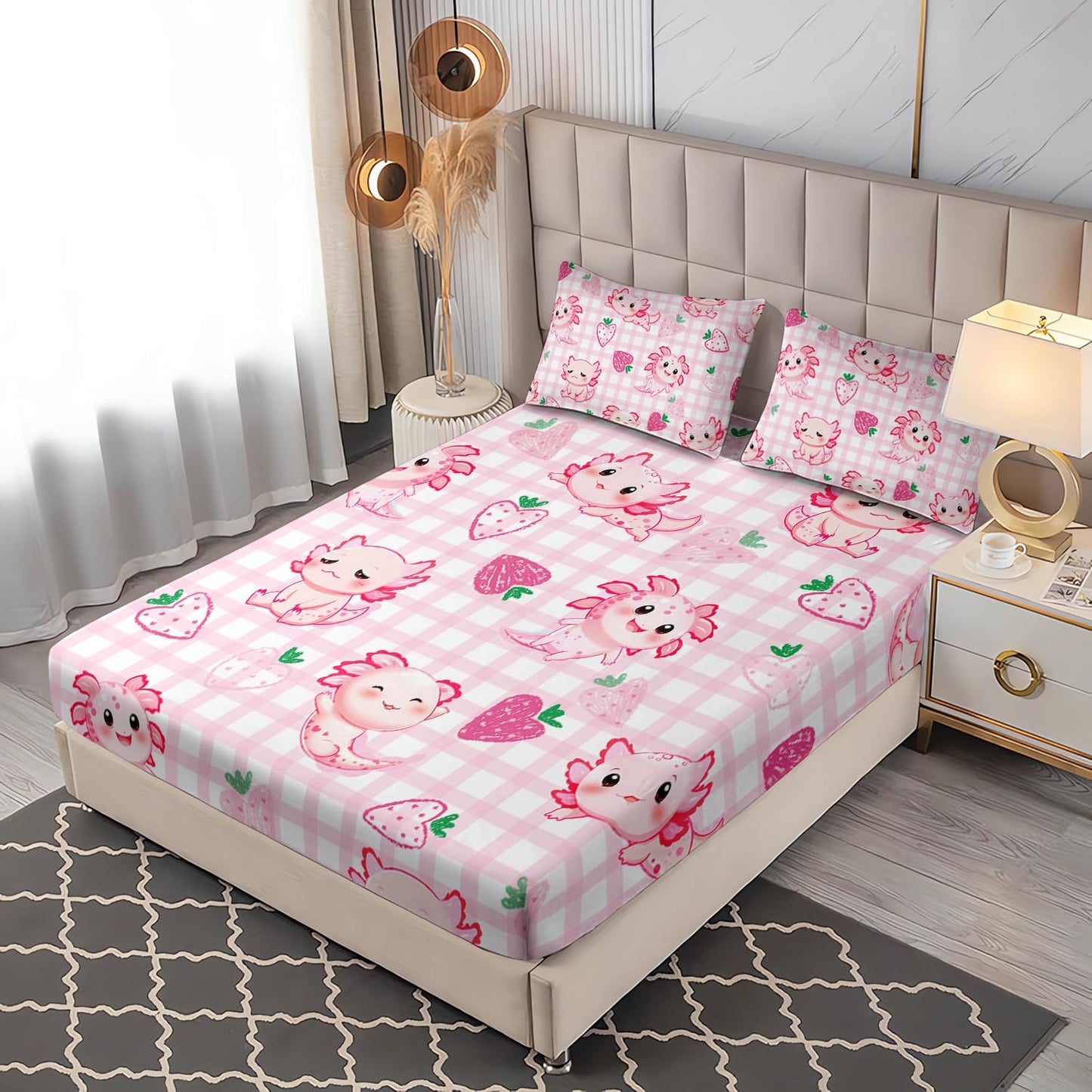UEVBF Cute Axolotl Bedding Set Twin Size,Pink White Axolotl Strawberry Fitted Sheet for Kids Girls Toddler Aesthetics Room Decor,Beach Coastal Themed Bedding,1 Fitted Sheet+2 Pillowcases.