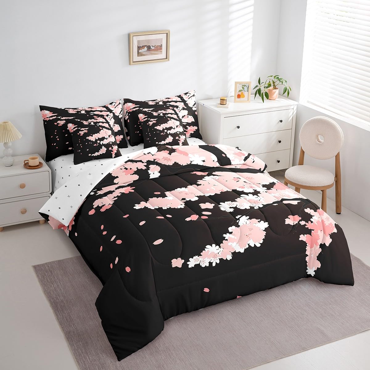 Erosebridal 7 Piece Cherry Blossoms Bed in a Bag for Adult Women Japanese-Style Pink Sheet Set Romantic Theme Bedding with Comforter Girls Boys Teens Botanical Flowers Cushion Covers, Full Size