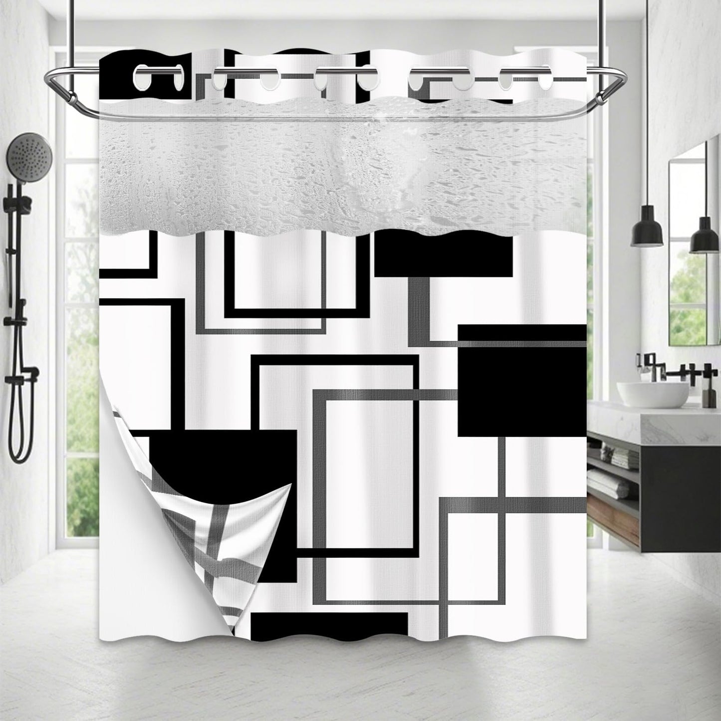 Yieldeer Black and White Geometric Hookless Shower Curtain 71"x74"