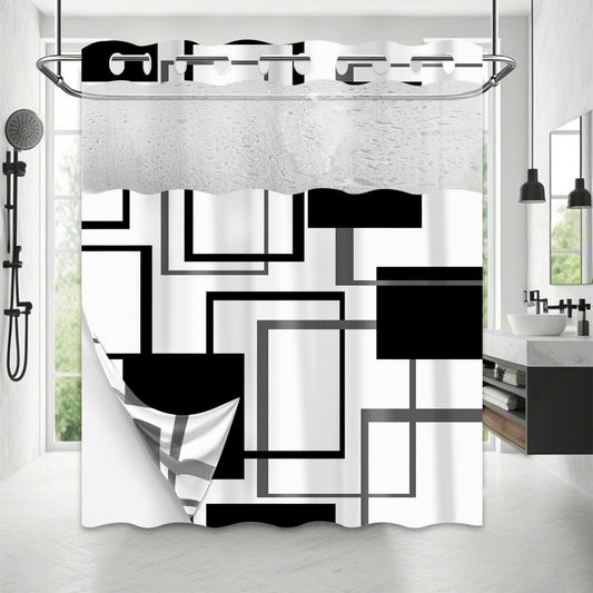 Yieldeer Black and White Geometric Hookless Shower Curtain 71"x74"