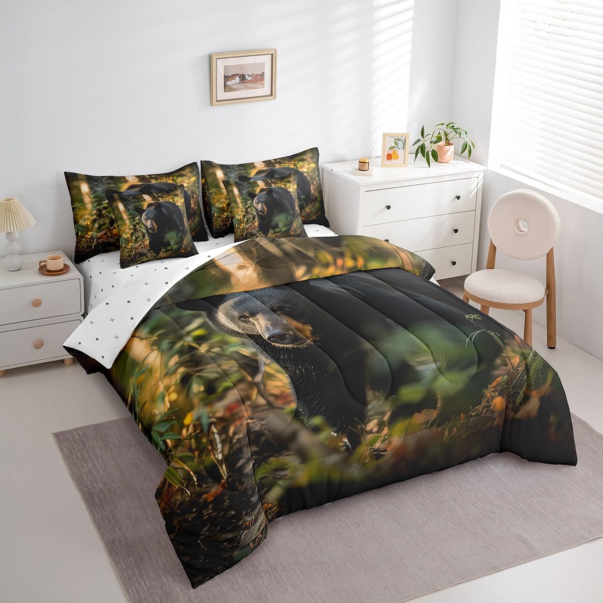 Erosebridal Black Bear Bedding Sets 7 Piece Twin 3D Wildlife Print Comforter Set for Teens Adults Farmhouse Woodland Bear Quilt with Flat Fitted Sheet Nature Jungle Animal Bed in A Bag,Black