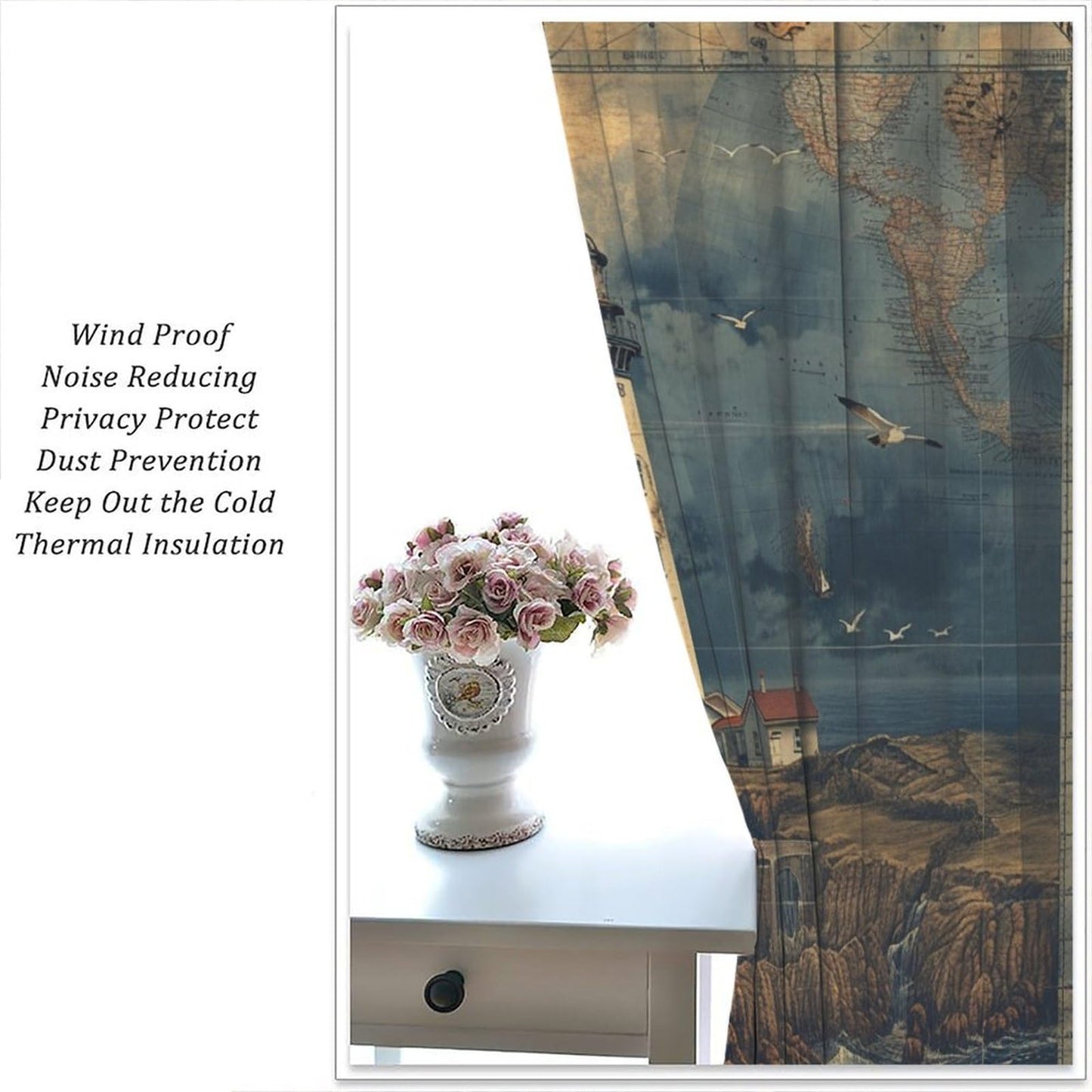 TOWINSFB Nautical Lighthouse Sailboats Blackout Curtains, Compass Ocean Island Home Decor Rod Pocket Window Drapes for Living Room Bedroom - 42" W x 45" L
