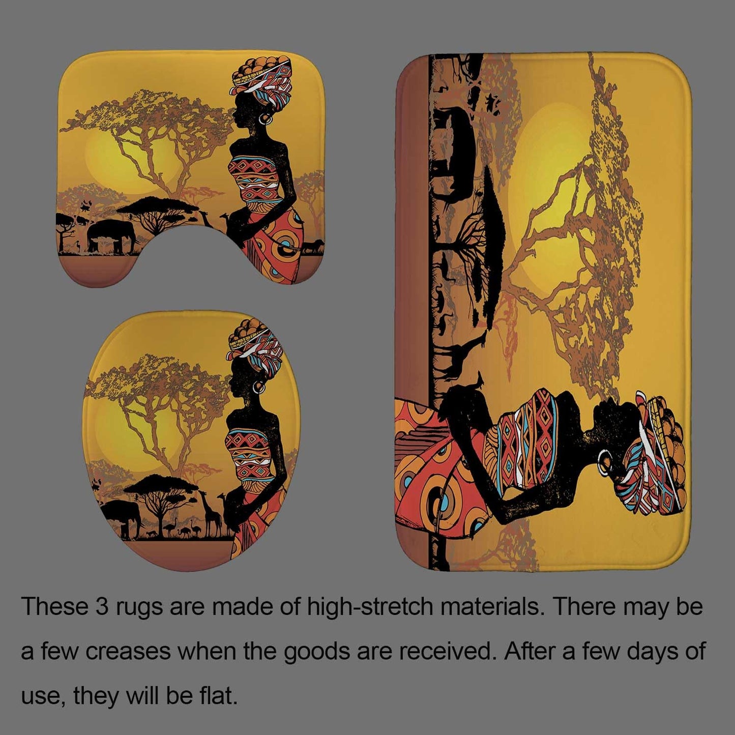 Jayden Madge 4PCS Afro Girl Shower Curtain Set, Sunset Safari Animals African Ethnic Tribal Melanin Black Women Bathroom Decor, Waterproof Fabric Yellow Shower Curtain, Non-Slip Bath Mat Toilet Rug