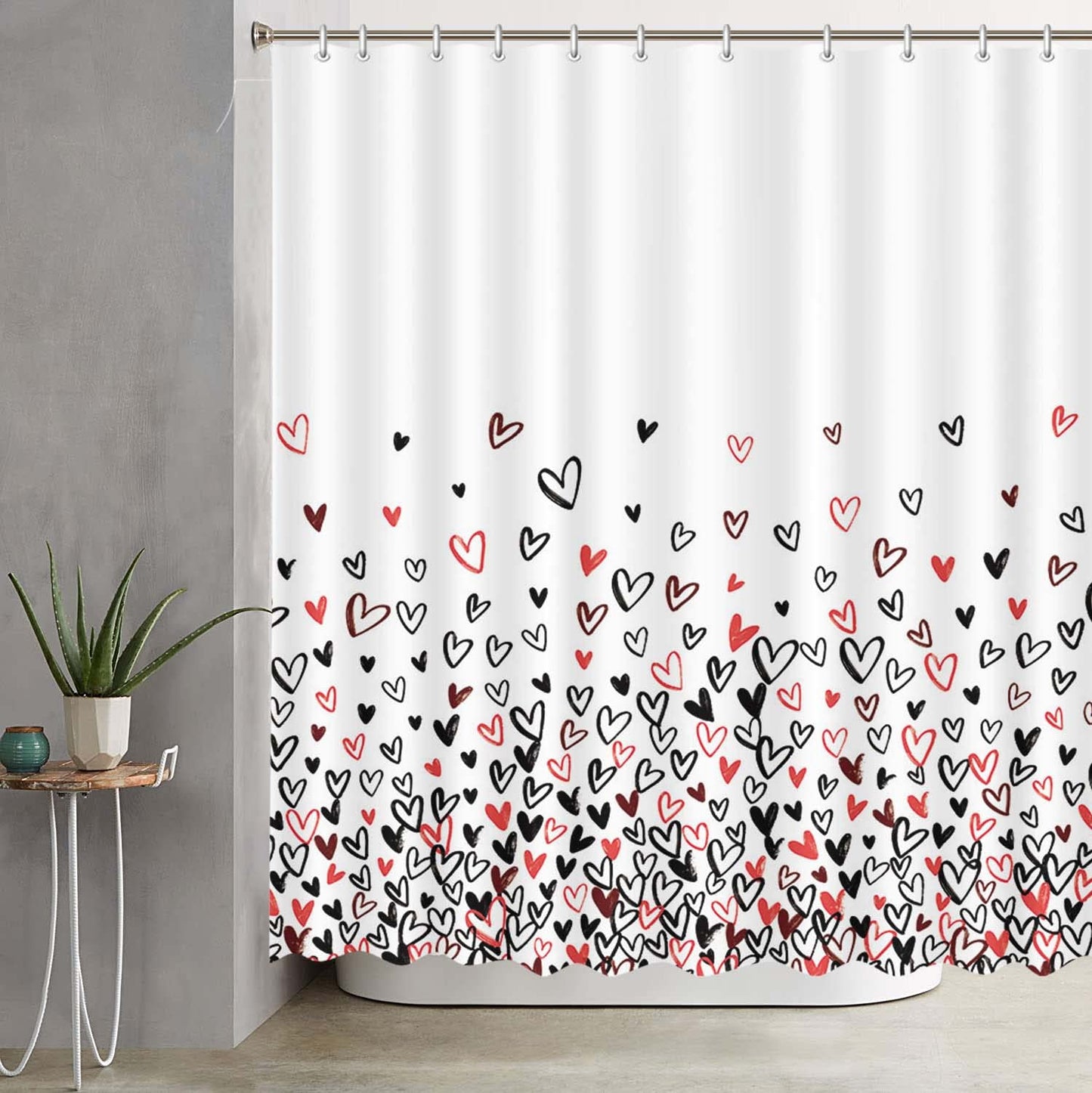 AIBIIN Black and Red Heart Shower Curtain for Bathroom Decorations with 12 Plastic Hooks Polyester Bathtub Decor Polyester Fabric Shower Curtains Set 72x72in