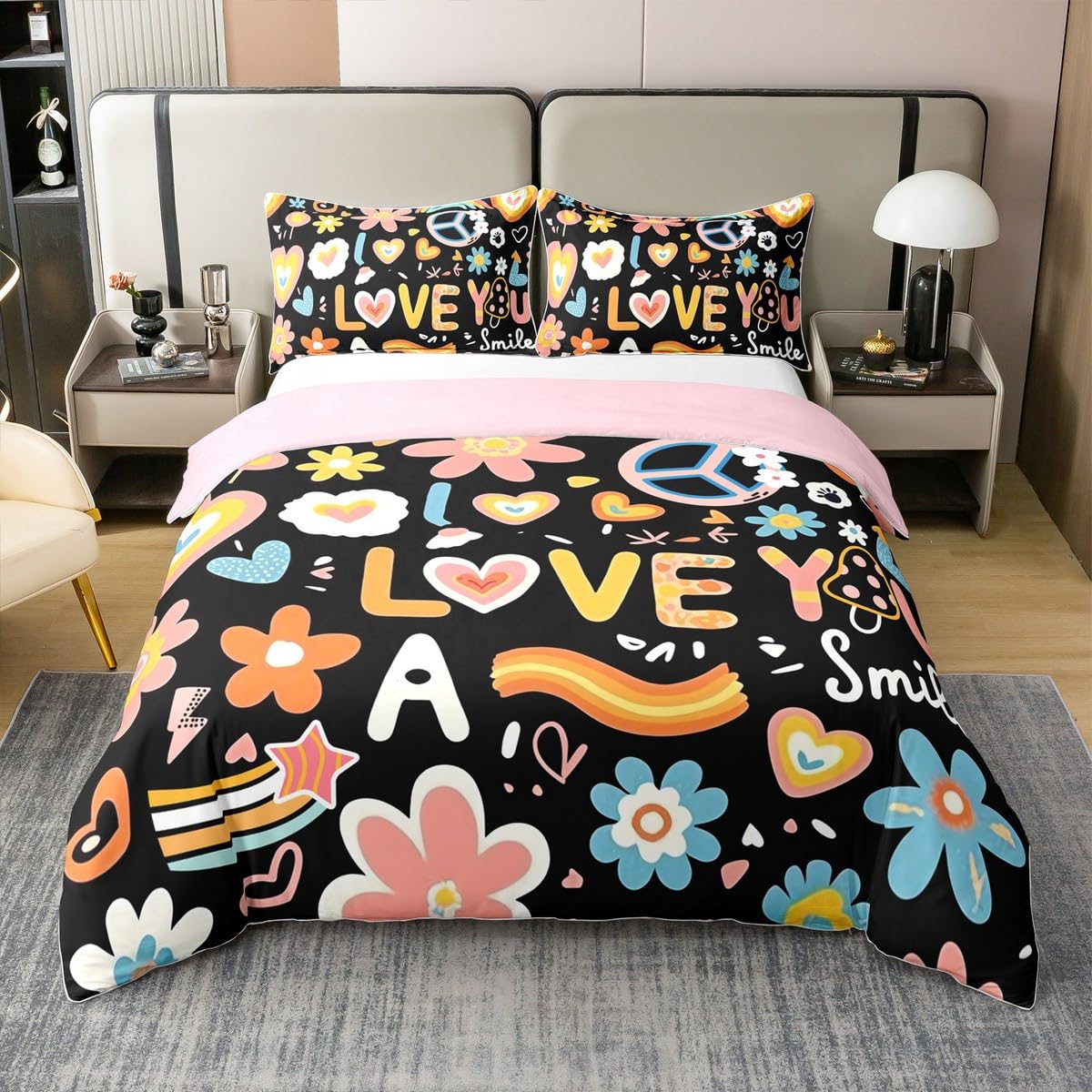 100% Cotton Groovy Flower Comforter Cover Twin for Kids,Cartoon Rainbow Stars Daisy Peace Sign Bedding Set Cute Room Decor for Teen Girls,Hippie Aesthetic Funny Duvet Cover Y2K Decor Bedspread Cover