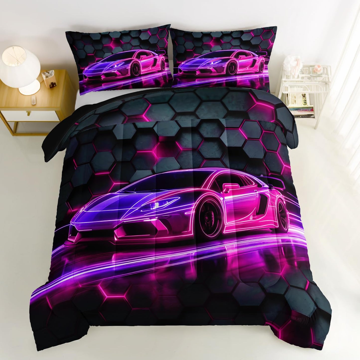 HOSIMA Race Car Bedding Sets for Boys,Honeycomb Geometric Background Pattern Cool Extreme Sports Bedding Queen for Kids Men Car Themed Room Decor,Gaming Comforter with 2 Pillowcases.