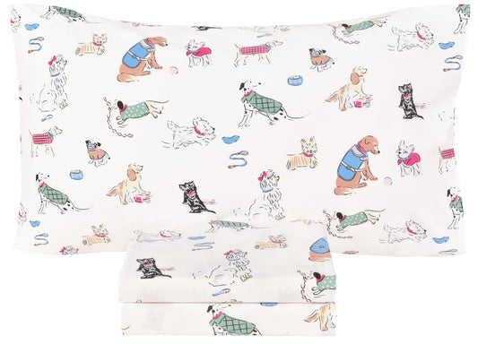 Scientific Sleep Puppy Dog 100% Cotton 3 Pcs Twin Bed Sheet Set Kids Toddler Teen, Flat Sheet & Fitted Sheet & Pillowcase Kids Bedding Set (Dogs)