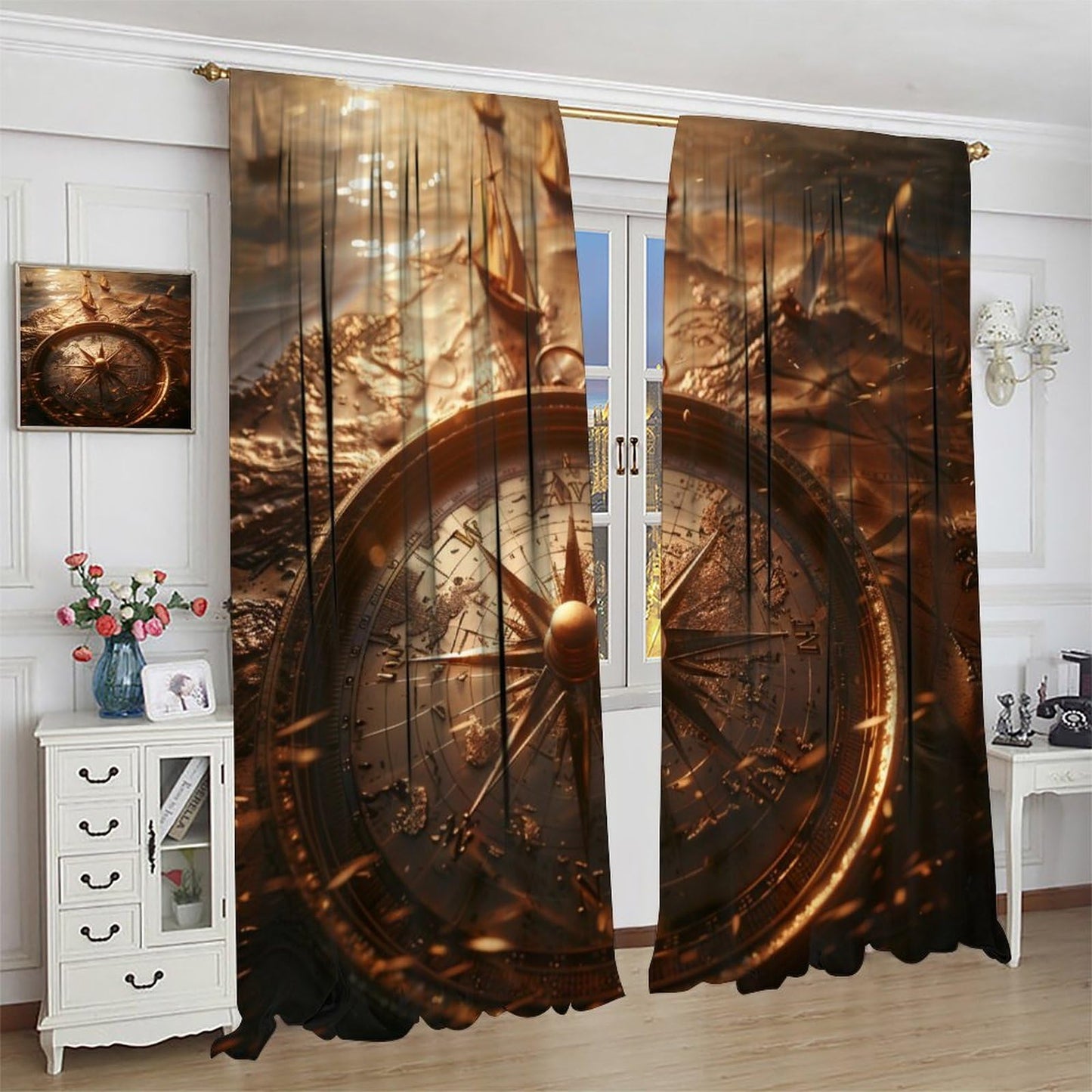 TOWINSFB Medieval Antique Compass Blackout Curtains for Bedroom Living Room, Vintage Nautical Sailboat Thermal Insulated Curtains Rod Pocket Window Drapes, 2 Panels/Each 21" W x 45" L