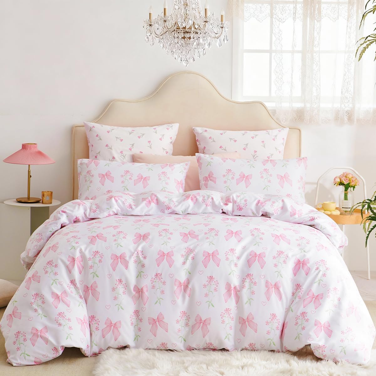 Sedefen Floral Duvet Cover Set Queen Size, 3 Pieces Pink Bow Bedding Set with Cute Heart Pattern, Romantic Spring Botanical Flower Soft Microfiber Duvet Cover for Kids Girls Bedroom & Princess Decor