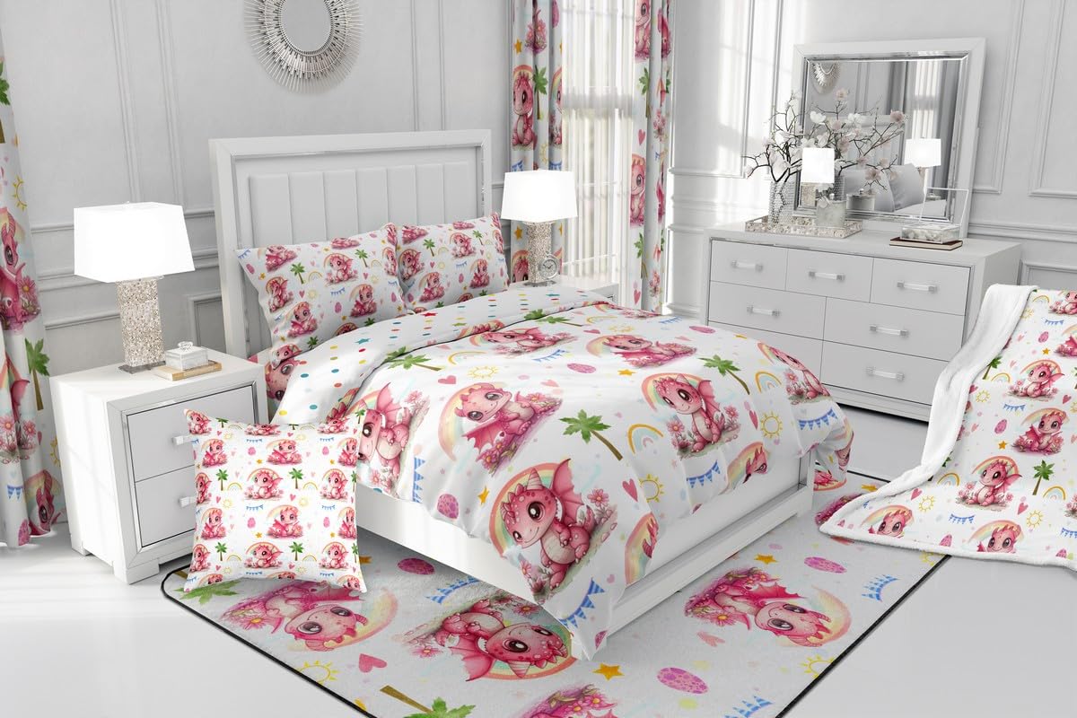 Girly Pink Dragon Bedding Comforter Sets Toddler,Cute Dragon Rainbow Cartoon Eggs Bedding Set for Bedroom Decoration,Rustic Coconut Tree Pink Hearts with 1 Comforter and 1 Pillow Case Bedroom Decor