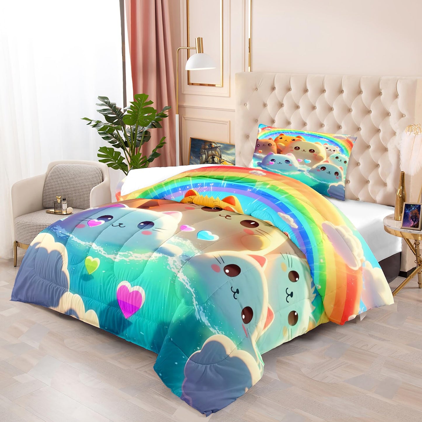 FJKJHKGJ Cat Comforter Set - Cartoon Cat Twin Bedding Set for Girls Cute Cat Rainbow Printed Kids Bedding Set for Girls Kids Teens All Season Kawaii Cat Twin Quilt Set, 1 Comforter+1 Pillowcase