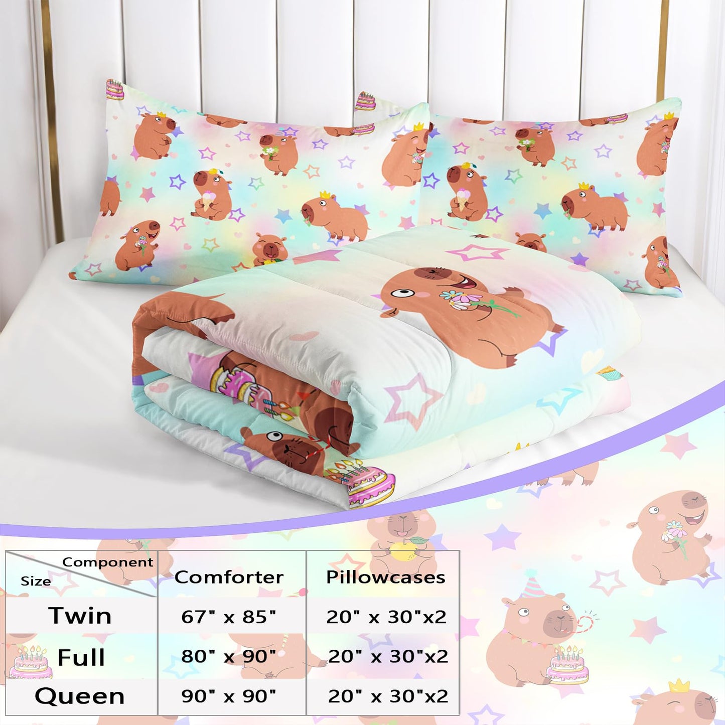 AILONEN Kawaii Capybara Comforter Set Queen Size,Cute Cartoon Capybara Rainbow Bedding Set for Girls Kids,Lovely Animal Star Quilt & 2 Pillowcases-3 Pieces