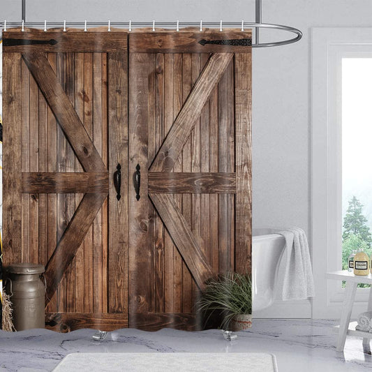 Jipusai Rustic Barn Door Shower Curtain Set for Bathroom, Farmhouse Western Bathroom Decor Curtains, Vintage Countryside Brown Wood Board Waterproof Fabric Bath Curtains with Hooks 70 x72 inch