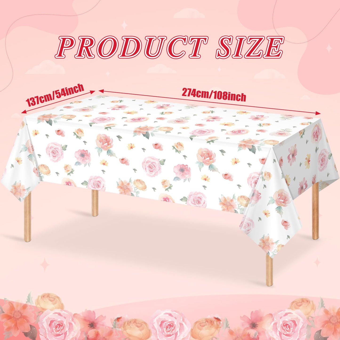 3 Pcs Spring Floral Tablecloth, Pink Wildflower Plastic Disposable Tablecloth Rectangle Table Covers for Easter, Birthday, Wedding, Baby Shower, Tea Party and Mothers Day Decorations,54 x 108 Inch