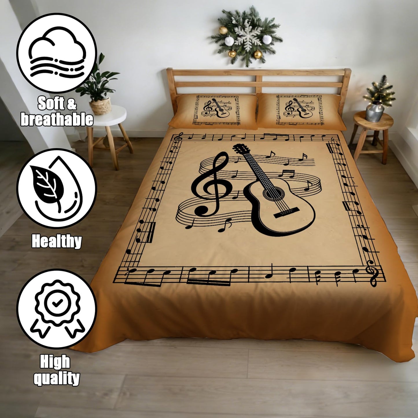 Custom Guitar Comforter Set, Personalized Guitar Music Bedding Set with Name Number Customized Quilt Cover with 2 Pillowcase for Twin Throw Full Size Bed Sets