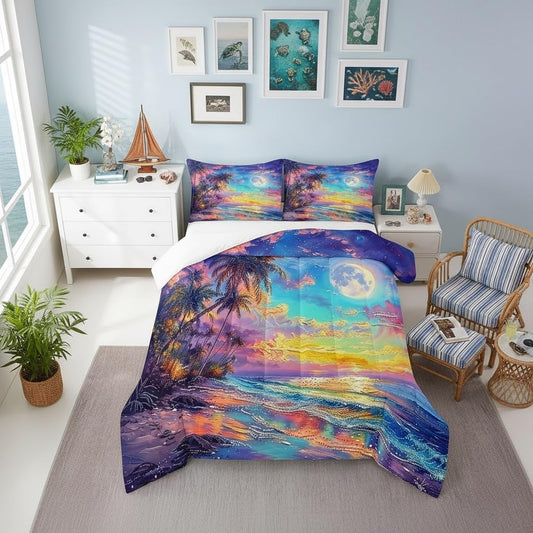 Castle Fairy Watercolor Sea Wave Comforter Set for Kids Adults,Colorful Sky Oil Painting Sunny Beach Bedding Comforter Sets Queen,Tropical Coconut Tree Hawaii Quilt Comforter with 2 Pillowcases