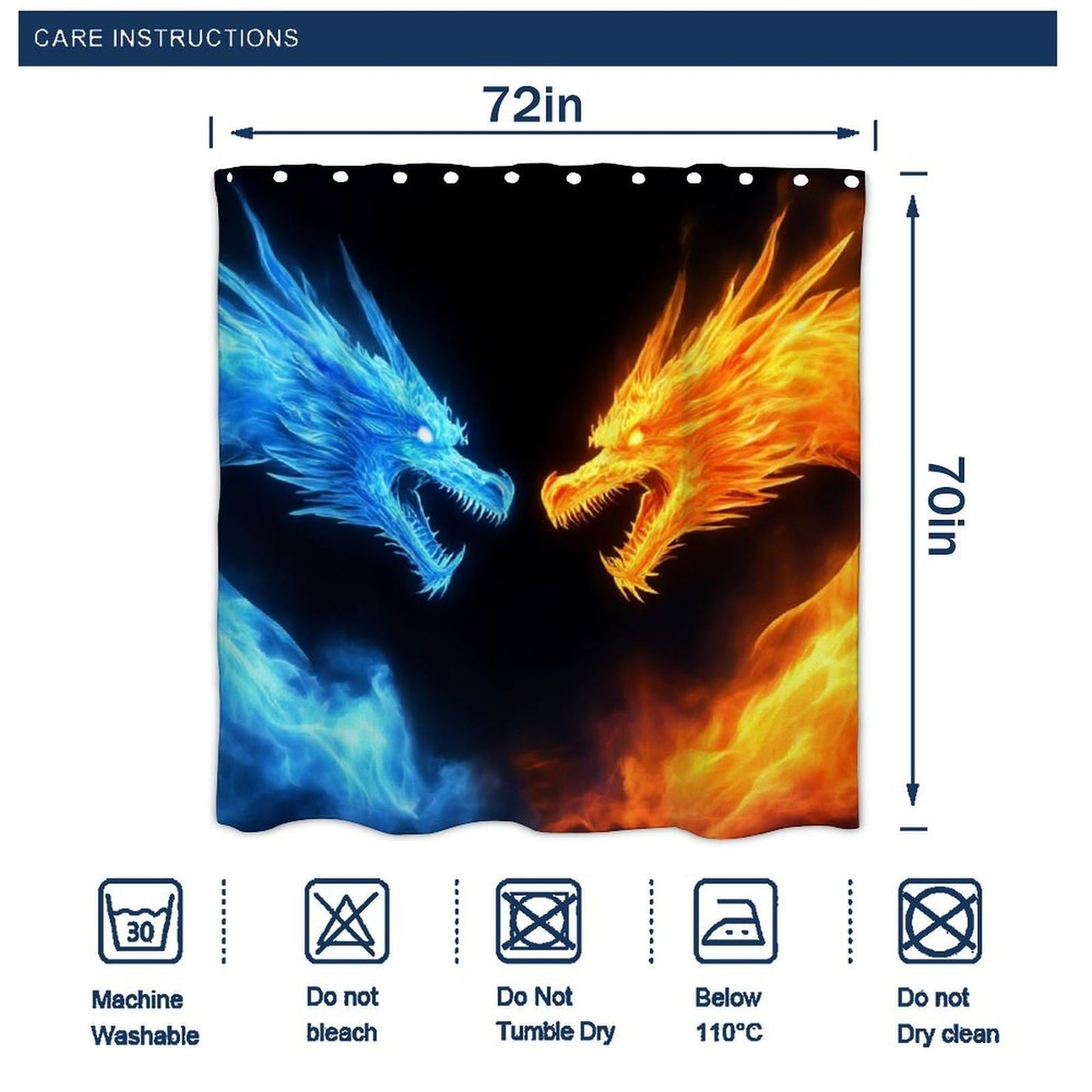 Meaudiwes Luxury Waterproof Shower Curtain Lightweight Fabric Hotel Style Bathroom Decor, 72"x 70" Ice Blue and Red Fire Flame Dragon