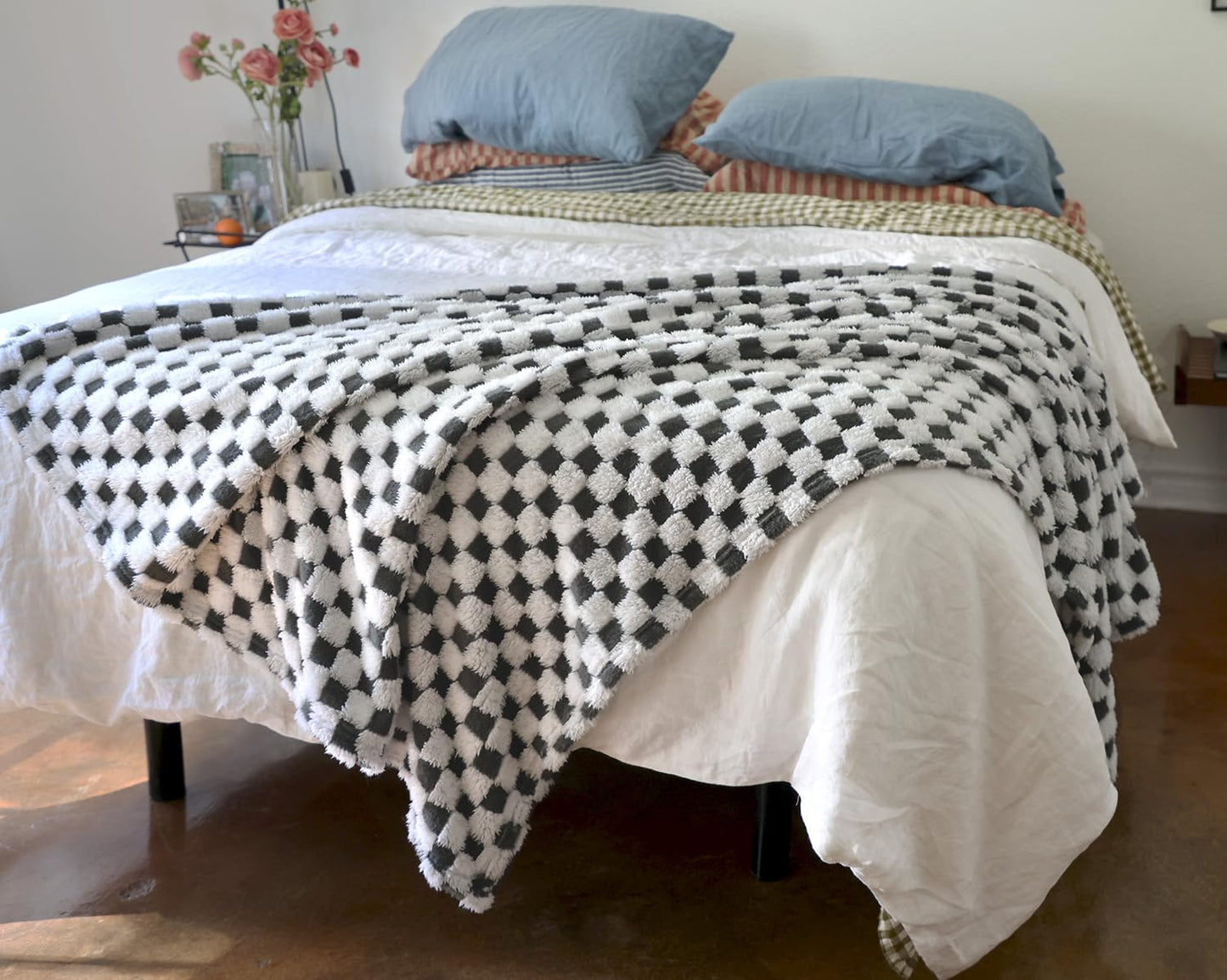 Sage Green & White Fuzzy Fun 3D Checkered Throw Blanket – Ultra Soft Shaggy Fleece for Cozy Comfort. Beautiful Gift for Women with Style 50 x 65 inches.