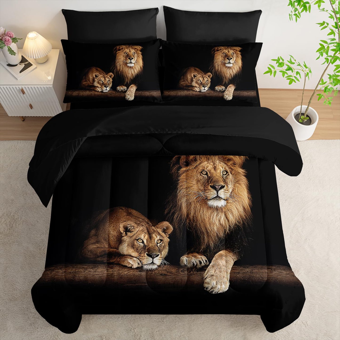 Tuzaovy Lion Comforter Set 7 Piece Twin Size Bed in A Bag,Animal Bedding for Room Decor,Lion Comforter Tropical African Animal 3D Print Bedding with Fitted Sheet,Flat Sheet, Pillowcases & Shams