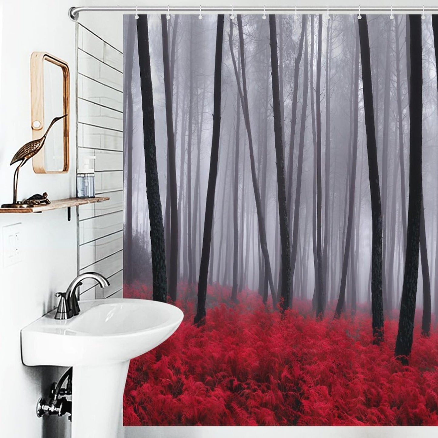 TKUYO Forest Shower Curtains, Gothic Black Red Misty Jungle Nature Enchanted Foggy Mountain Landscape Scenery Woodland Goth Waterproof Fabric Bathroom Shower Curtain Set with Hooks, 72"x72" Inch