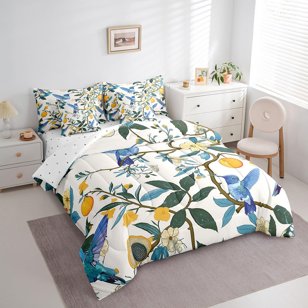 Erosebridal Lemon Tree Branches Bedding Set for Kids Teens,Hummingbirds Comforter Set King Size,Oil Painting Fruit (Comforter+Fitted+Flat Sheet+2 Pillowcases+2 Throw Pillow Covers) 7 Pieces Bed Set
