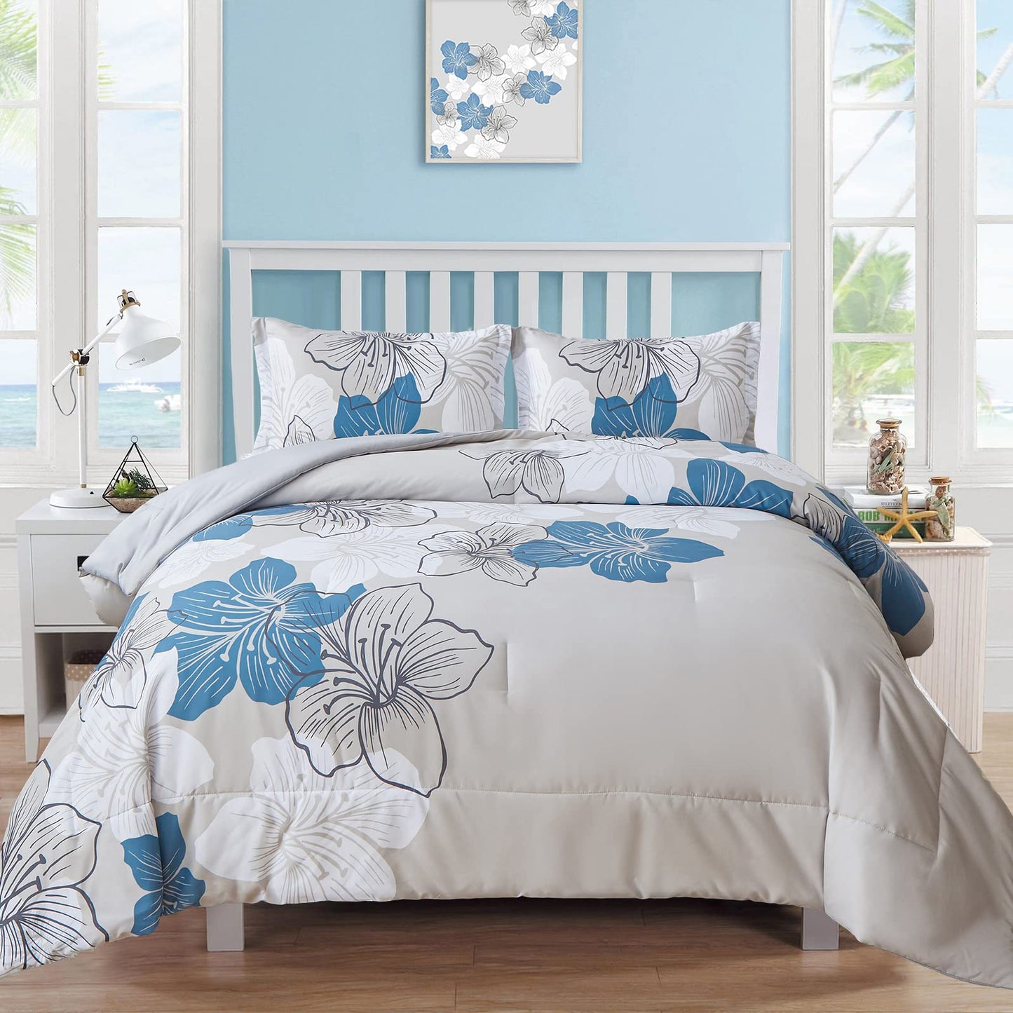 Menghomeus Floral Comforter Set Queen 3 Piece Blue Floral Pattern Printed on Grey Soft Microfiber Bedding Set Lightweight Bed Comforter Set for All Season (1 Comforter, 2 Pillowcases)