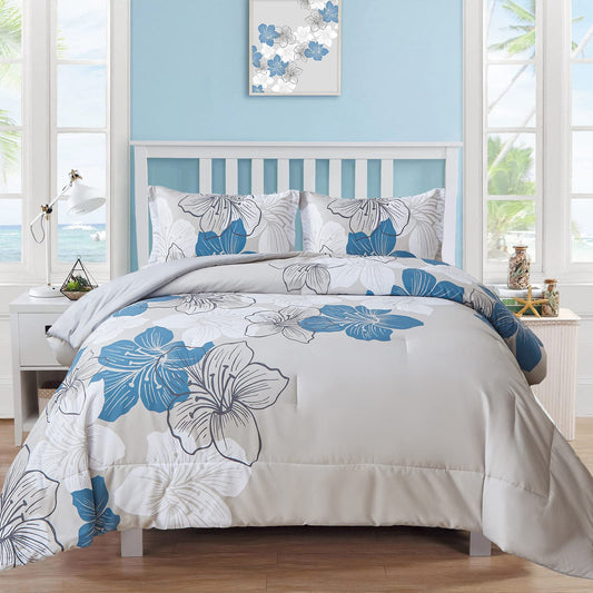 Menghomeus Floral Comforter Set Queen 3 Piece Blue Floral Pattern Printed on Grey Soft Microfiber Bedding Set Lightweight Bed Comforter Set for All Season (1 Comforter, 2 Pillowcases)