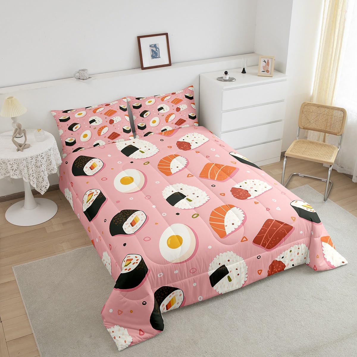 Erosebridal Cute Pink Sushi Comforter Set Queen Size,Japanese Food Bedding Set Sushi Gifts for Kids Girls Women,Funny Food Quilt Bed Set Cartoon Bed Comforter Sets with 2 Pillowcases Room Decor