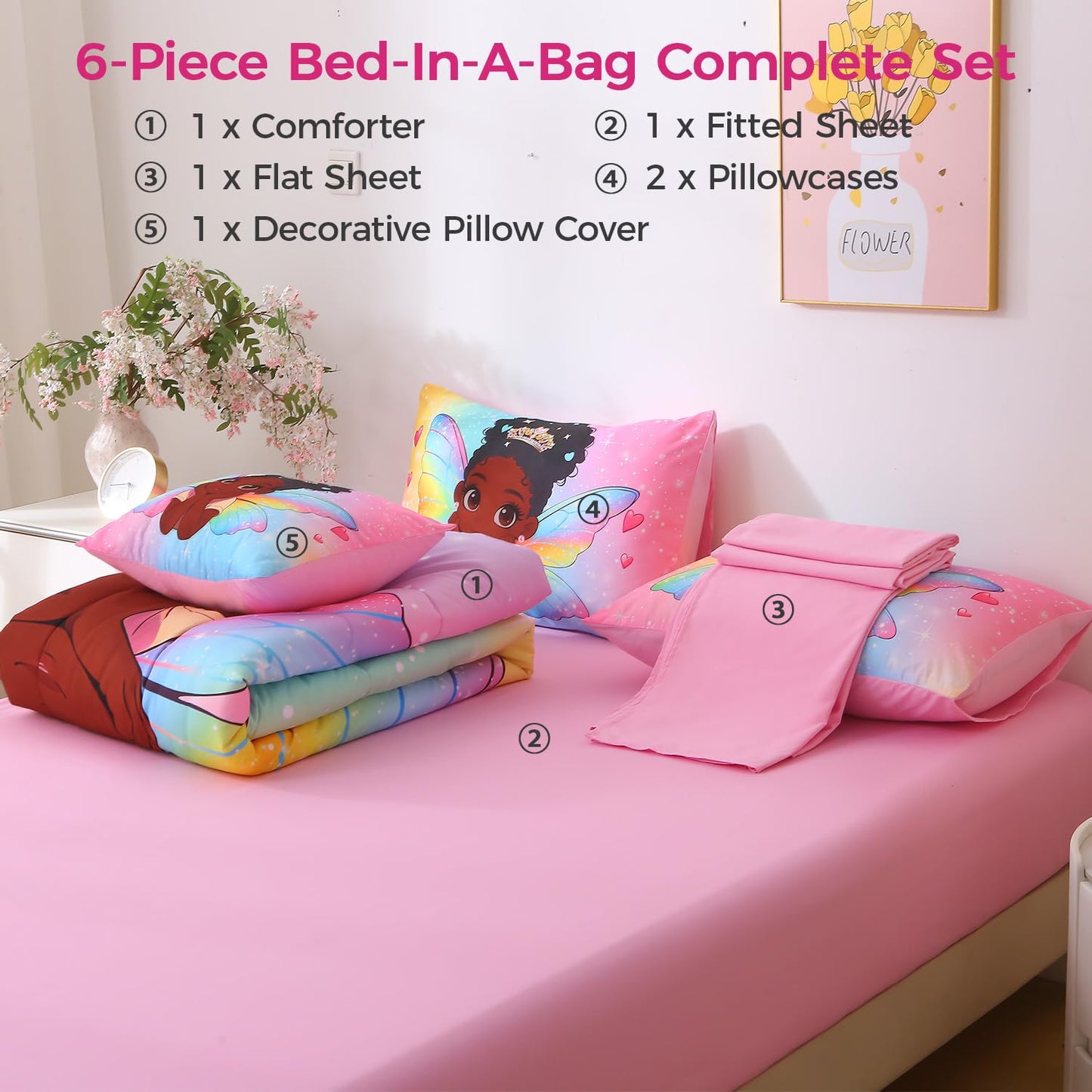 JQinHome Twin Comforter Set - 6 Pieces African Fairy Princess Bedding Set for Girls, Bed in a Bag with Rainbow Wing Comforter, Sheets, Pillowcases & Decorative Cushion Cover