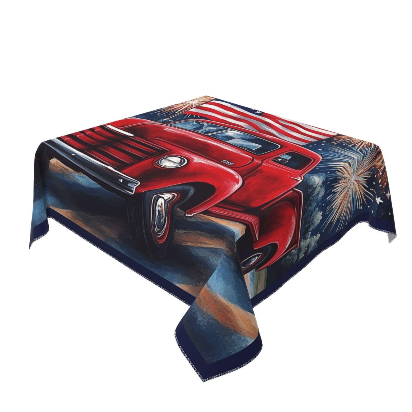 Entemne Square Table Cloth 55x55 Inch Independence Day Red Truck Flag Tablecloth Washable Soft Wrinkle Free Dust Proof Card Table Cover for Tea Party Picnic Kitchen Dining Decor