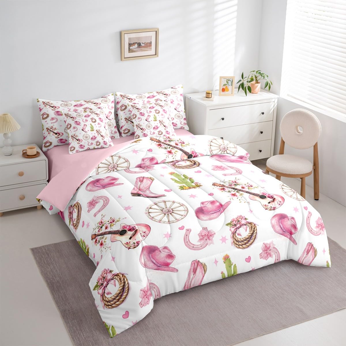 Erosebridal 7Pcs Cute Pink White Western Cowgirl Twin Comforter Set with Sheets Cactus Guitar Bow Bedding for Teen Girl Vintage Western Hat Boot Wildflower Bed in A Bag Preppy Fahion Coquette Bed Sets