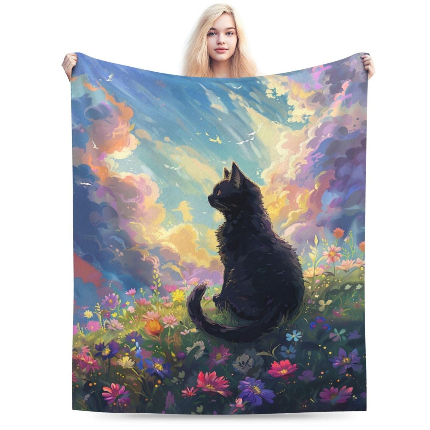 Cute Black Cat Throw Blanket Anime Cat Flannel Blankets Wild Landscape Fuzzy Plush Super Soft Cozy Warm Decor Gifts for Boys Girls Kids Adults Men Women 40" x 50"