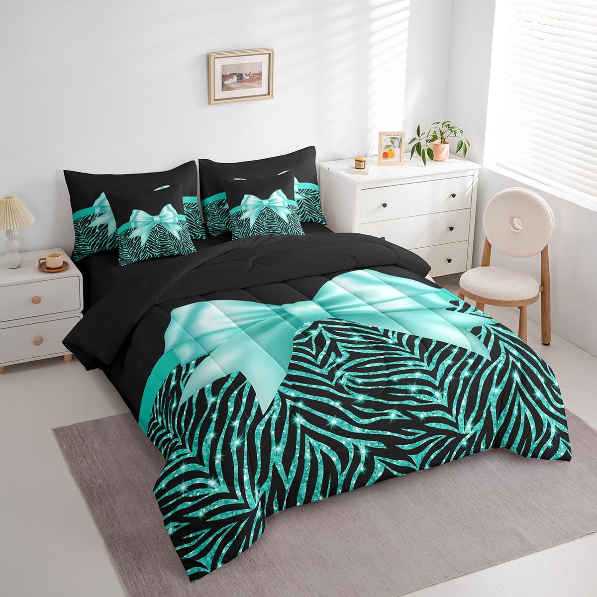 Feelyou Teal Bowknot 7 Piece Bedding Set Queen Size Glitter Print Comforter Set with Sheets for Kids Girls Adult Cute Bowknot Bed in a Bag Black Silver Bed Set